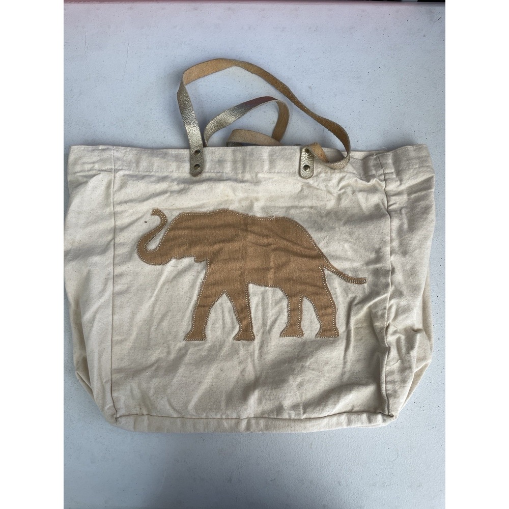 Canvas Elephant Tote Bag 20x15 Tan Cream Gold Handles Boho Handmade India